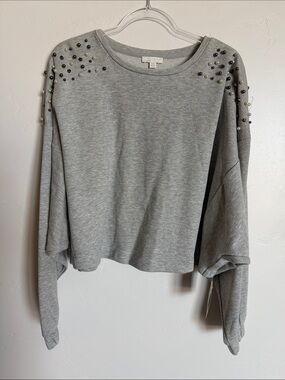14th & Union Grey Pearl-Stud Oversized Cropped Sweatshirt